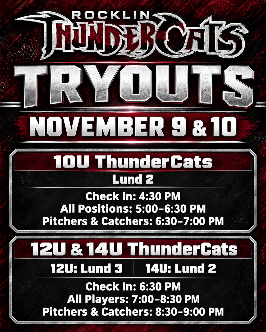 Rocklin ThunderCats 10U, 12U and 14U tryout flyer