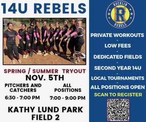 Rocklin Rebels 14U Tryouts Flyer