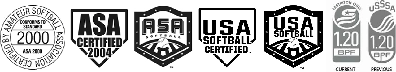 Softball Seals Seven ASA and USA Softball certification logos from various years, displaying official seals and text.