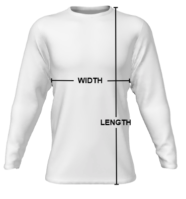Long-sleeve jersey with overlaid arrows showing WIDTH measured horizontally across the chest and LENGTH measured vertically from shoulder to hem.