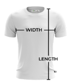 Short-sleeve jersey with overlaid arrows showing WIDTH measured horizontally across the chest and LENGTH measured vertically from shoulder to hem.