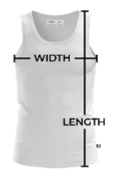 Sleeveless jersey with overlaid arrows showing WIDTH measured horizontally across the chest and LENGTH measured vertically from shoulder to hem.