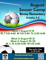Presentational 2025 Birney August Soccer Camp visual