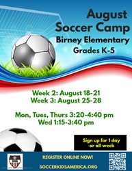 Presentational 2025 Birney August Soccer Camp visual