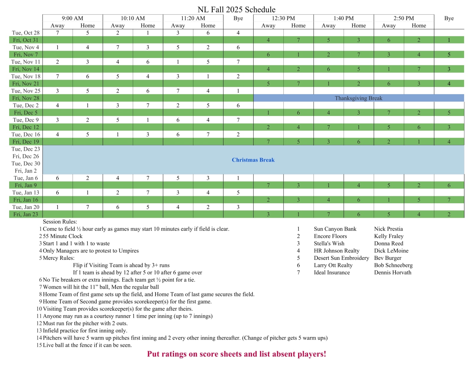 NL Schedule Numbered
